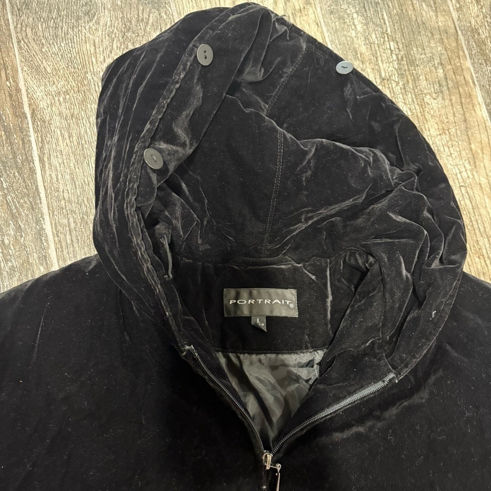 Vtg PORTRAIT Black Velvet Women’s Coat Hooded Sz‎ L Holiday 90s Classic Boho - Picture 7 of 15
